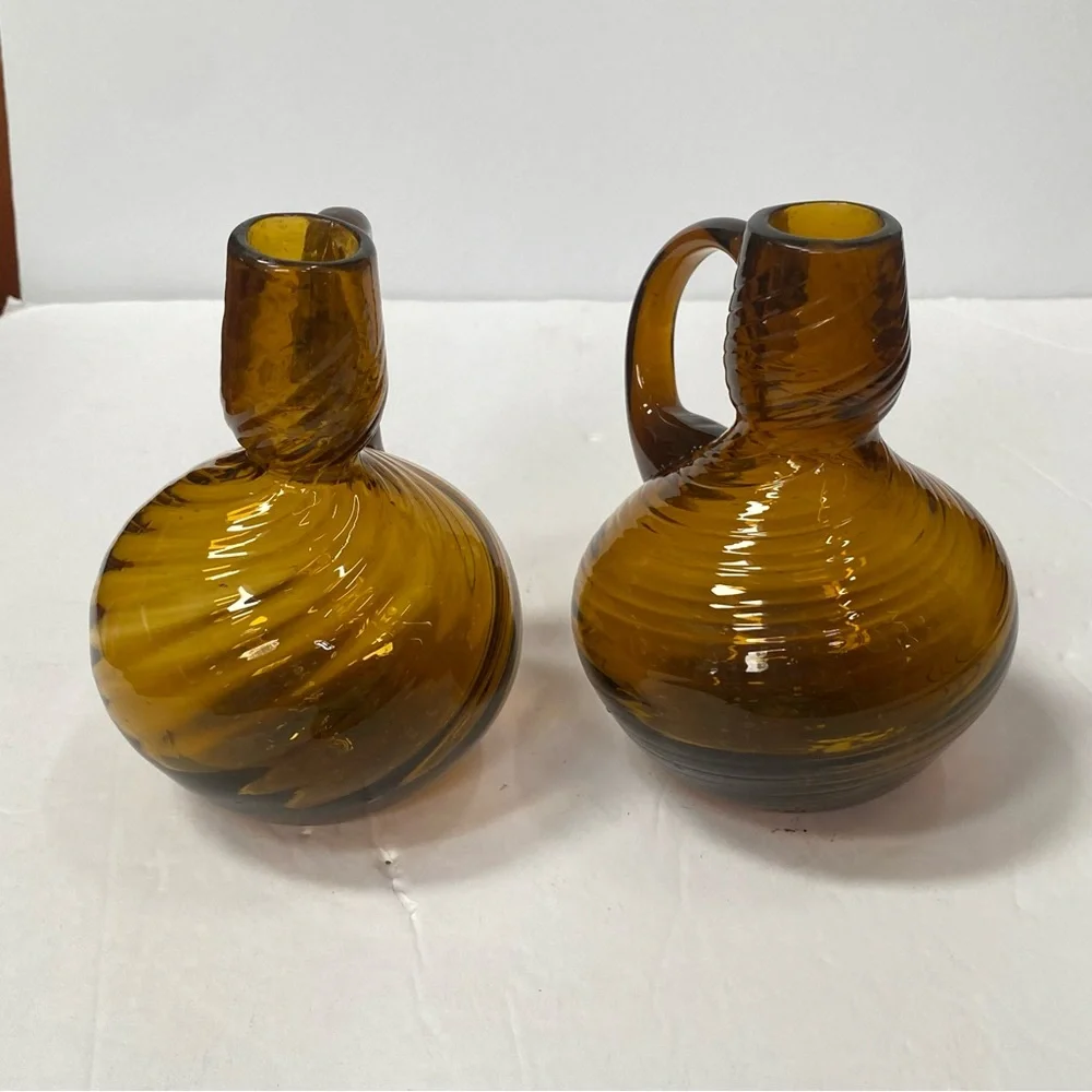 Set of 2 Vintage Root Beer Amber Swirled Glass Vase w/ applied handle